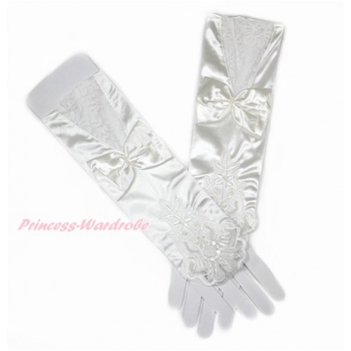 Cream White Wedding Elbow Length Princess Costume Long Lace Satin Fingerless Gloves with Bow PG012 