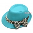 Leopard Lacing Aqua Blue Jazz Hat With Leopard Satin Bow H601 