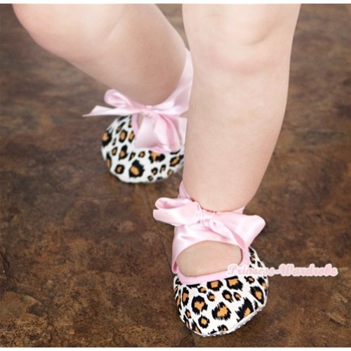 Leopard with Light Pink Ribbon Crib Shoes S504 