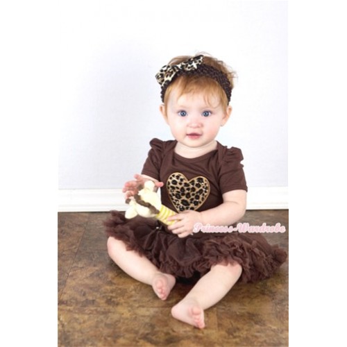 Brown Baby Jumpsuit Brown Pettiskirt With Leopard Heart Print With Brown Headband Leopard Satin Bow JS288 