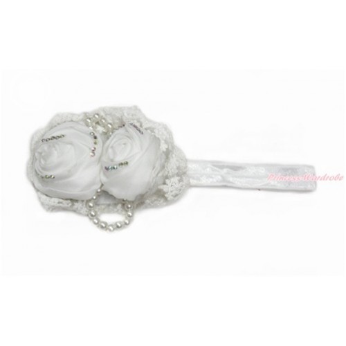 White Headband With White Pearl Satin Rose Hair Clip H831 