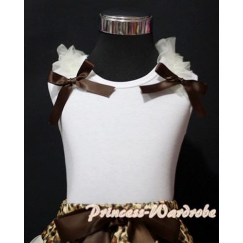 White Tank Top with Cream White Ruffles and Brown Bow T346 