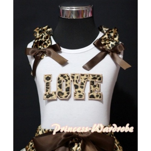 Leopard LOVE Print White Tank Top with Leopard Ruffles Brown Bows TM181 