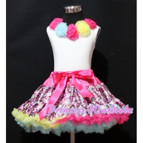 White Tank Tops with Hot Pink Light Blue Yellow Rosettes & Hot Pink Floral Pettiskirt MG48 