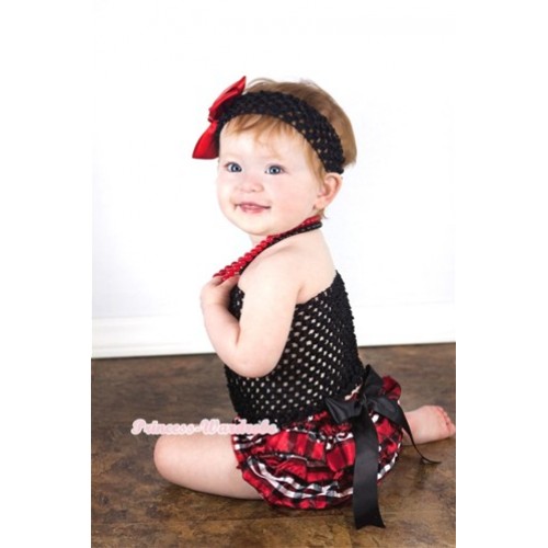 Black Big Bow Red Black Checked Satin Bloomers with Black Crochet Tube Top and Black Headband Red Silk Bow 3PC Set CT536 