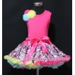 Hot Pink Floral Pettiskirt with Bunch of Hot Pink Blue Yellow Rosettes & Hot Pink Bow Hot Pink Tank Top MH36 