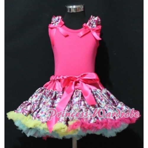Hot Pink Floral Pettiskirt with Hot Pink Tank Top with Hot Pink Floral Ruffles and Hot Pink Ribbon MG55 