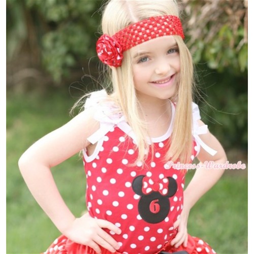 Minnie Dots Tank Top With 6th Birthday Number Minnie Print with White Ruffles & White Bow TP143 