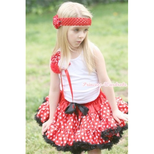 White Tank Top With a Bunch of Minnie Dots Red White Rosettes& Red Bow With Minnie Polka Dots Pettiskirt MG574 