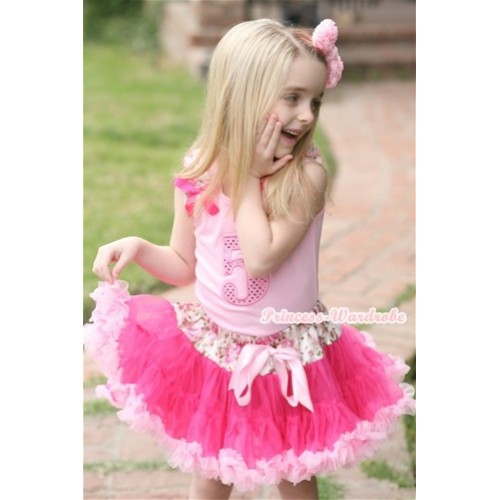 Light Pink Tank Top with 5th Sparkle Light Pink Birthday Number Print with Rose Fusion Ruffles & Hot Pink Bow With Rose Fusion Waist Hot Light Pink Pettiskirt M516 
