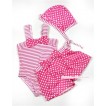 Hot Pink White Striped Polka Dots Swimming Suit with Cap SW61 