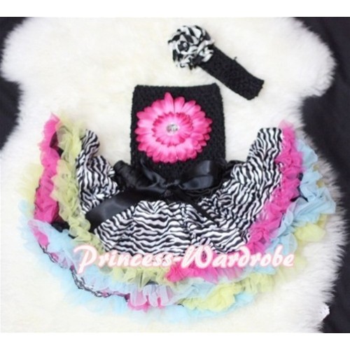 Rainbow Zebra Baby Pettiskirt, Hot Pink Flower Black Crochet Tube Top, Rose Headband 3PC Set CT69 