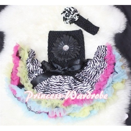 Rainbow Zebra Baby Pettiskirt, Black Flower Black Crochet Tube Top, Rose Headband 3PC Set CT70 