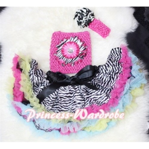 Rainbow Zebra Baby Pettiskirt, Hot Pink Zebra Flower Hot Pink Crochet Tube Top, Rose Headband 3PC Set CT71 