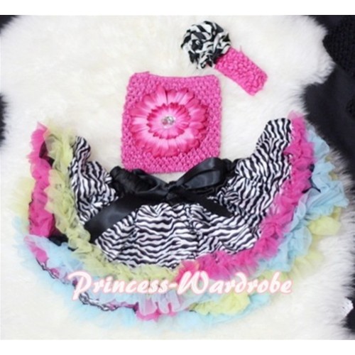 Rainbow Zebra Baby Pettiskirt, Hot Pink Flower Hot Pink Crochet Tube Top, Rose Headband 3PC Set CT72 