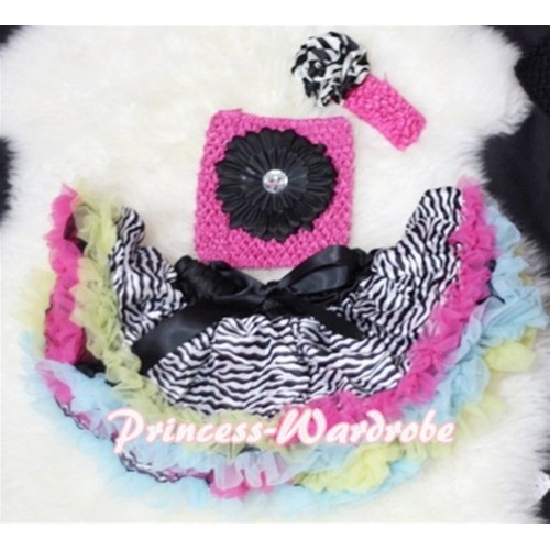 Rainbow Zebra Baby Pettiskirt, Black Flower Hot Pink Crochet Tube Top, Rose Headband 3PC Set CT73 