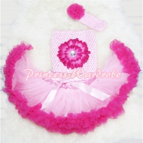 Light Hot Pink Baby Pettiskirt, Hot Pink Flower Light Pink Crochet Tube Top, Rose Headband 3PC Set CT78 