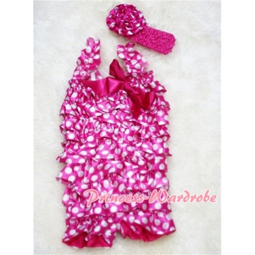Hot Pink White Polka Dot Chiffon Romper with Hot Pink Bow & Straps with Headband Set RH02 