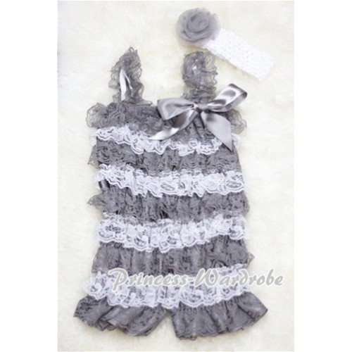 Silver Grey White Layer Chiffon Romper with Silver Grey Bow & Straps with Headband Set RH04 