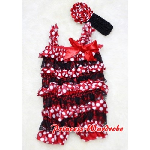 Minnie Dot Black Layer Chiffon Romper with Hot Red Bow & Straps with Headband Set RH08 