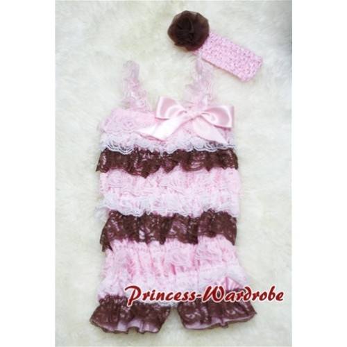 Light Pink White Brown Mix Layer Chiffon Romper with Light Pink Bow & Straps with Headband Set RH12 