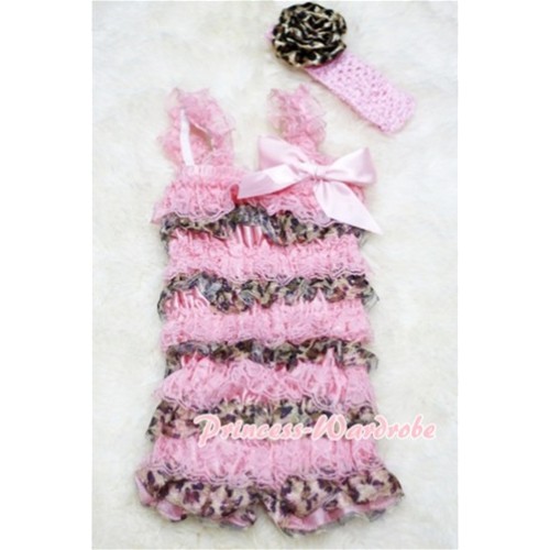 Leopard Light Pink Layer Chiffon Romper with Light Pink Bow & Straps with Headband Set RH18 