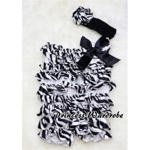 Black Zebra Chiffon Romper with Black Bow  with Headband Set RH21 