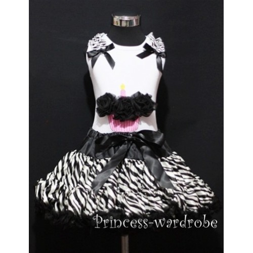 Black Zebra Pettiskirt With White Birthday Cake Tank Top with Black Rosettes with Zebra Ruffles &Black Bow MC03 