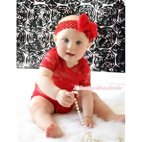 Red See Through Baby Jumpsuit with Red Headband & Red Rose Bow TH476 