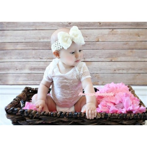 White See Through Baby Jumpsuit with White Headband & White Rose Bow TH477 