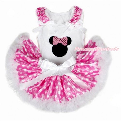 White Baby Pettitop with Hot Pink White Dots Ruffles & White Bows with Sparkle Light Pink Bow Minnie Print with Hot Pink White Dots Newborn Pettiskirt NN190 