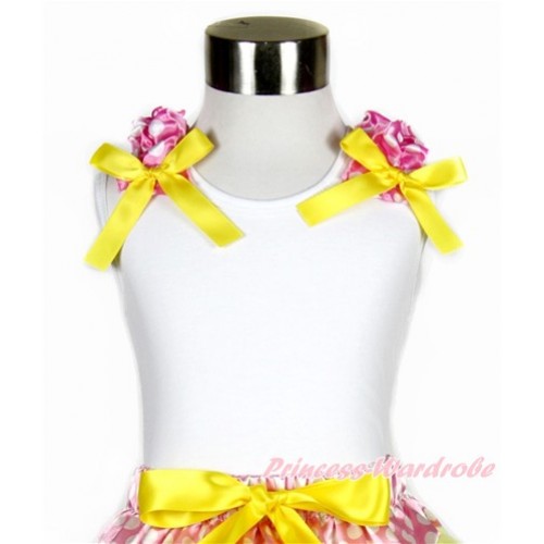 White Tank Top with Hot Pink White Dots Ruffles and Yellow Bow TB743 
