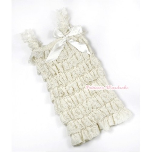 Cream White Lace Ruffles Petti Rompers with Straps with Cream White Bow LR165 