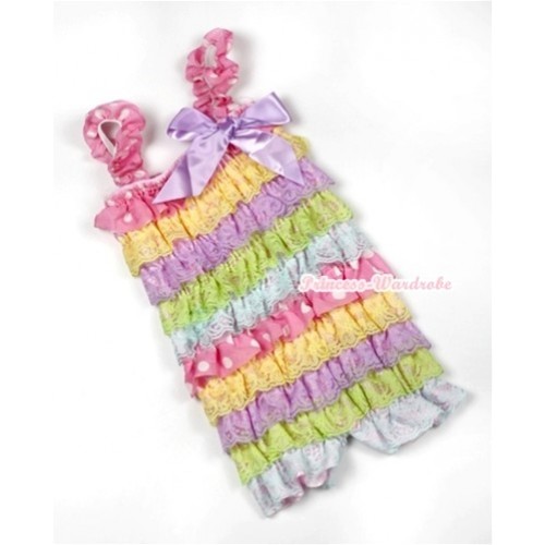 Rainbow Light Pink White Dots Lace Ruffles Petti Rompers with Straps with Lavender Bow LR166 