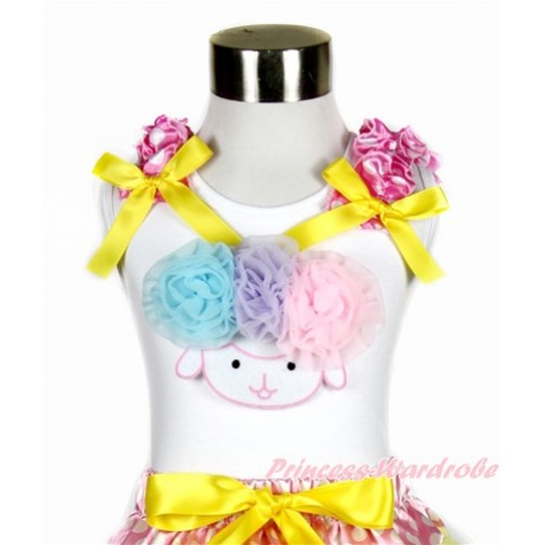 Easter White Tank Top With Hot Pink White Dots Ruffles & Yellow Bow With Light Blue Lavender Light Pink Rosettes Sheep Print TB747 