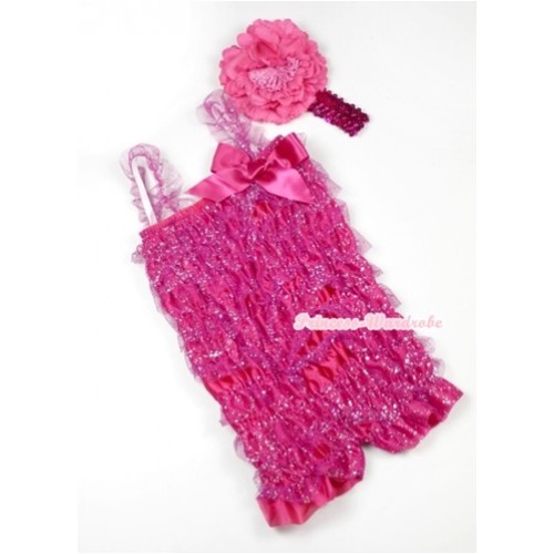 Sparkle Hot Pink Lace Ruffles Romper with Hot Pink Bows & Straps with Hot Pink Sequin Headband Hot Pink Peony Set RH124 