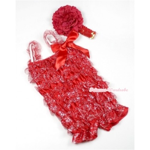 Sparkle Hot Red Lace Ruffles Romper with Hot Red Bows & Straps with Red Sequin Headband Red Peony Set RH125 