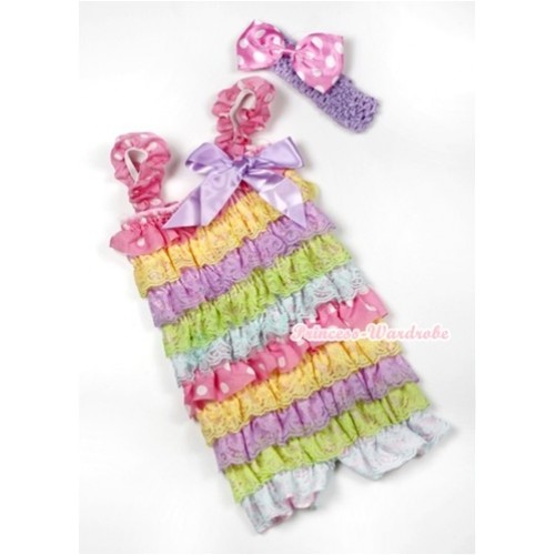 Rainbow Light Pink White Dots Lace Ruffles Romper with Lavender Bow & Straps with Lavender Headband Light Pink White Dots Satin Bow Set RH128 
