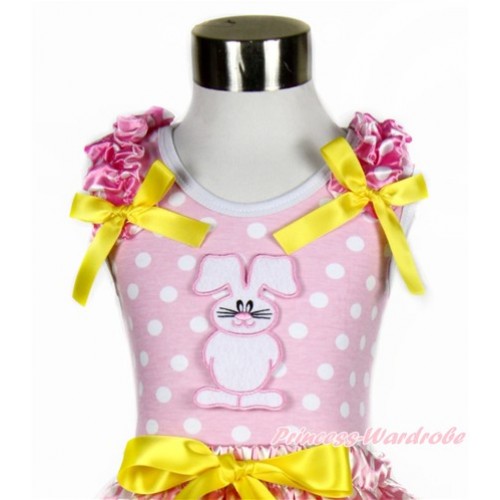Light Pink White Dots Tank Top With Hot Pink White Dots Ruffles & Yellow Bow With Bunny Rabbit Print TP211 