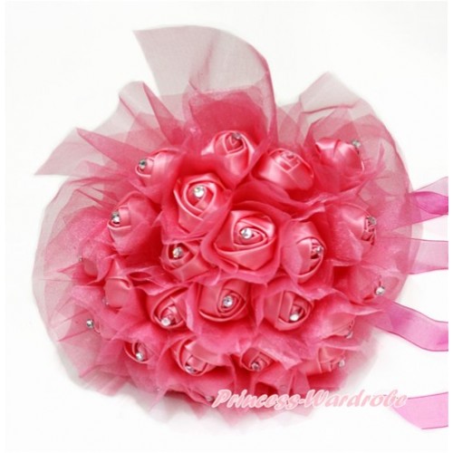 Hot Pink Sparkle Crystal Bling Rhinestone Wedding Girl Satin Bridal Bouquet C233 