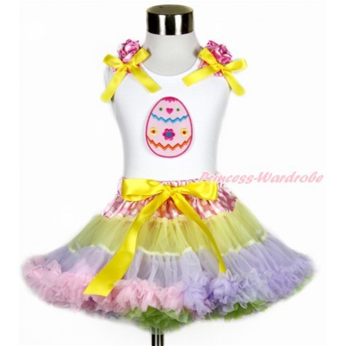 Easter White Tank Top with Hot Pink White Dots Ruffles & Yellow Bow with Easter Egg Print & Hot Pink White Dots Waist Rainbow Yellow Lavender Light Pink Light Blue Pettiskirt MG1147 
