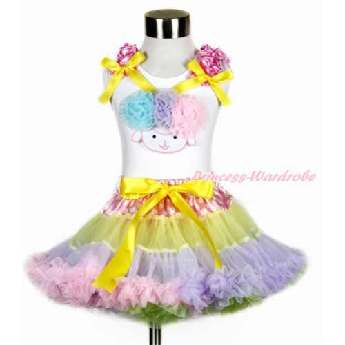 Easter White Tank Top with Hot Pink White Dots Ruffles & Yellow Bow with Light Blue Lavender Light Pink Rosettes Sheep Print & Hot Pink White Dots Waist Rainbow Yellow Lavender Light Pink Light Blue Pettiskirt MG1148 