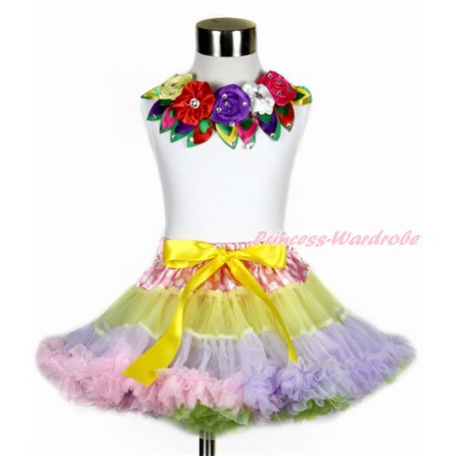 White Tank Top with Rainbow Satin Rosettes & Leaves Lacing & Hot Pink White Dots Waist Rainbow Yellow Lavender Light Pink Light Blue Pettiskirt MG1149 