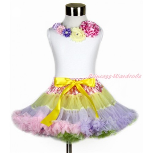 White Tank Top with Rainbow Pearl Flower Lacing & Hot Pink White Dots Waist Rainbow Yellow Lavender Light Pink Light Blue Pettiskirt MG1150 
