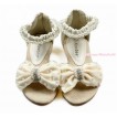 Cream White Pearl Bow Flat Ankle Sandals L03-3Beige 