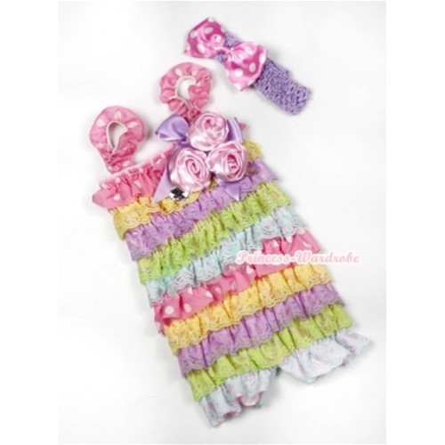 Rainbow Light Pink White Dots Lace Ruffles Rompers With Straps With Big Bow & Bunch Of Light Pink Satin Rosettes& Crystal,With Lavender Headband Light Pink White Dots Satin Bow RH135 