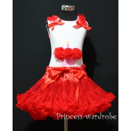 Red Pettiskirt With White Birthday Cake Tank Top with Red Rosettes & Red Ruffles& Bow MC04 