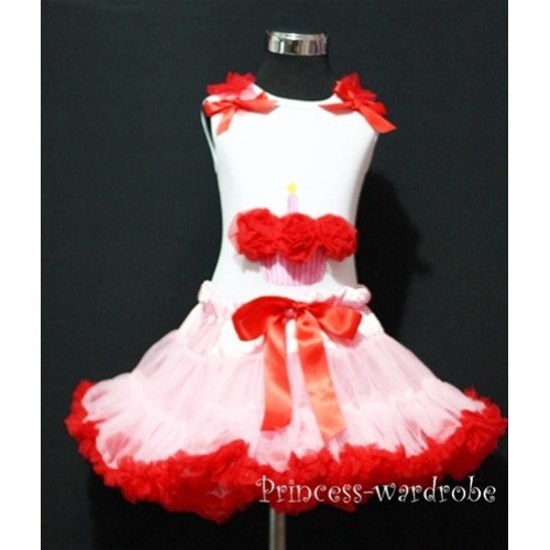 Light Pink Red Pettiskirt With White Birthday Cake Tank Top with Red Rosettes &Red Ruffles&Bow MC05 