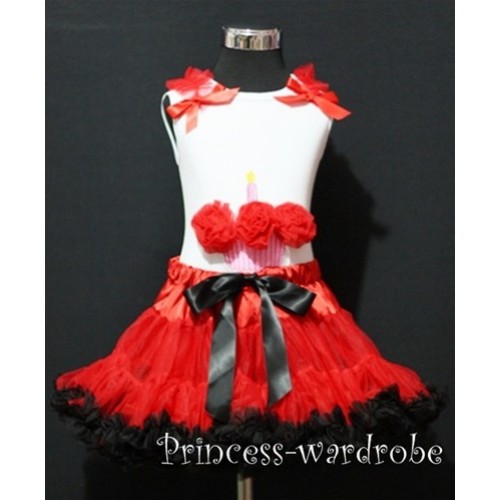 Red Black Pettiskirt With White Birthday Cake Tank Top with Red Rosettes &Red Ruffles&Bow MC09 