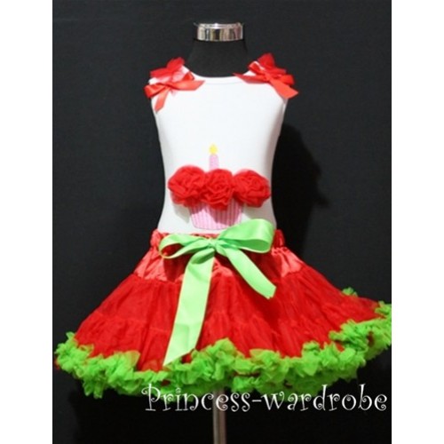 Red Green Pettiskirt With White Birthday Cake Tank Top with Red Rosettes &Red Ruffles&Bow MC10 